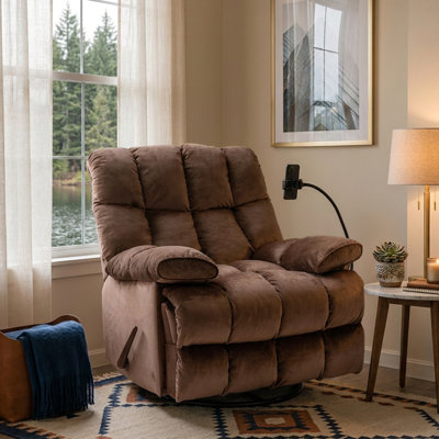 39.37" Wide Manual Swivel Rocker Recliner Chair, Velvet Upholstered Glider Recliner with Padded Armrests, Built-in Phone Holder & Sturdy Metal Frame for Living Room & Bedroom