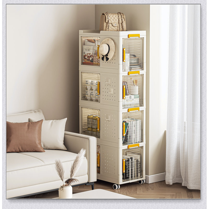 Bibliothèque de rangement à 4 niveaux avec roulettes, bacs de rangement grande capacité, multifonction mobile