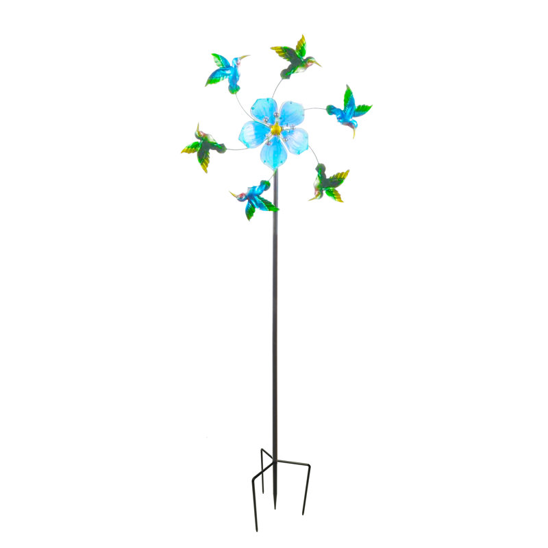 Blue Glass and Metal Flower Hummingbird Kinetic Garden Stake