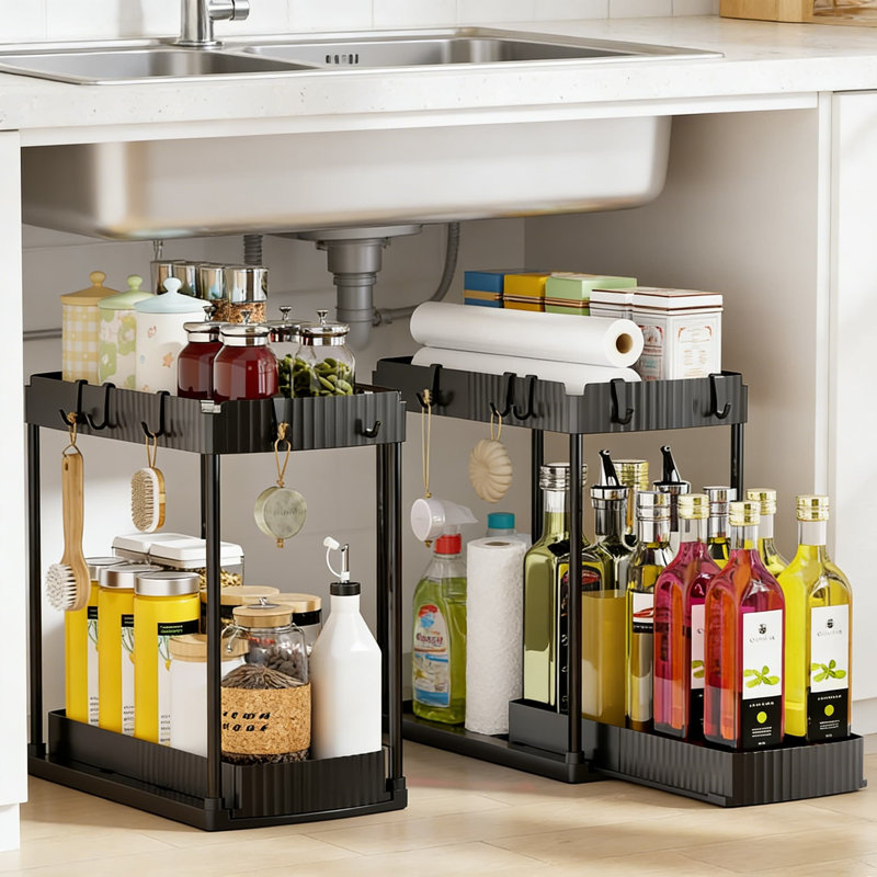 Tiroir escamotable sous le lavabo, étagère de rangement coulissante à 2 niveaux pour la cuisine et la salle de bain, organisateur polyvalent peu encombrant avec construction durable