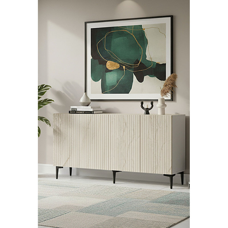 Adams Modern Wall-Mounted Console Table, White & Travertine, 59.1 x 29.5 x 12.6 inches | 100% Melamine Coated Particle Board, 0.7 inches Thick | Multiple Shelves, Space-Saving Design, Ideal for Living Room & Entryway