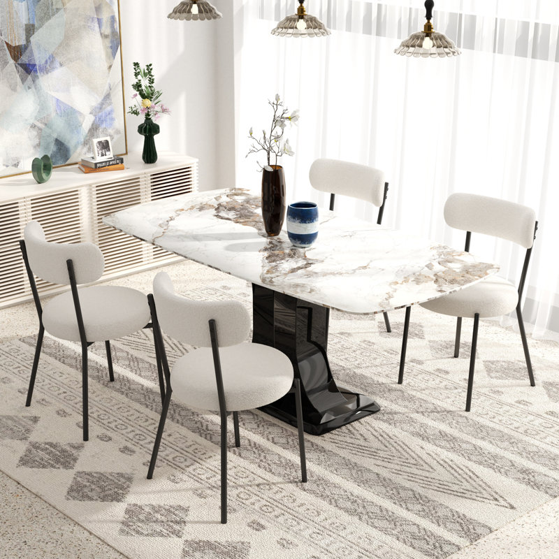 Ensemble de salle à manger rectangulaire moderne avec chaise Teddy, Noir / blanc, 5 pièces (table, 4 chaises), Blanc