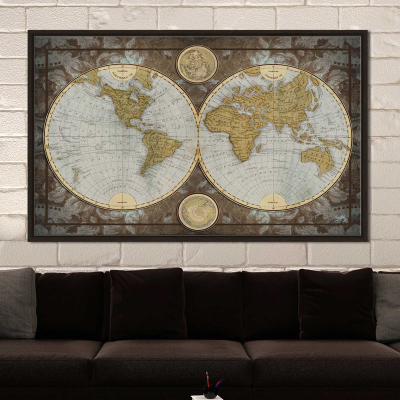 «World Map», impression, H 27,5 po x l 43,5 po x P 2 po, Cadre flottant espresso