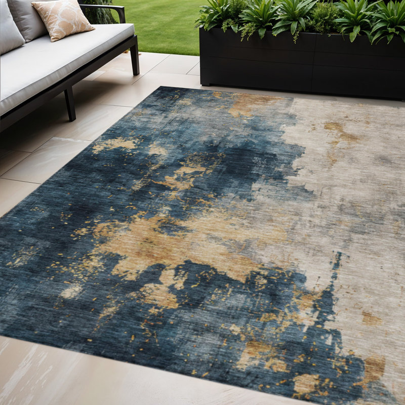 Tapis intérieur lavable abstrait bleu 10 pi x 14 pi HomeRoots