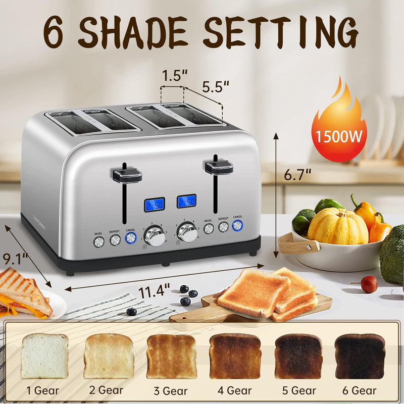 Toaster 4 Slice, LCD Display, 6 Shade Settings, 1.5'' Wide Slots Toaster,1500W, Silver