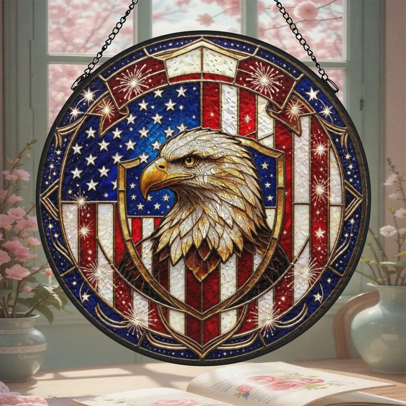 Aigle à tête blanche bouclier vitrail panneaux Suncatcher pour décoration de fenêtre, 7,8 x 7,8 po (20 x 20 cm)
