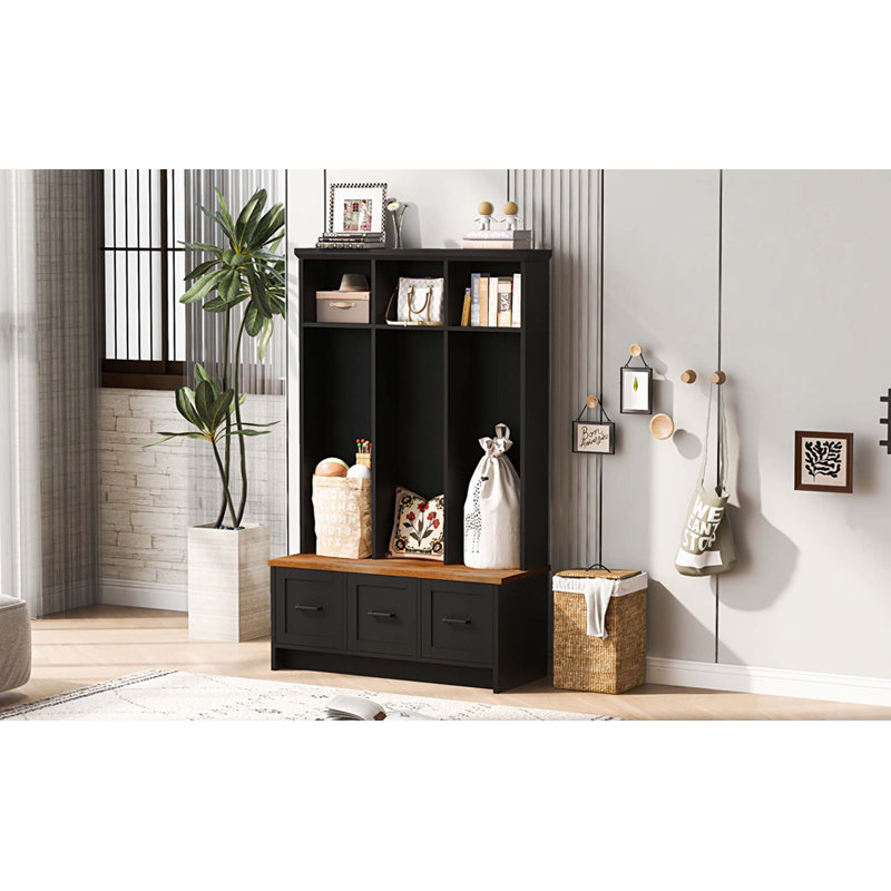 Modern Hall Tree with Entryway Bench, 3 Shelves and Drawers, 40.2'' Wide Hall Tree with Storage Bench for Hallway, Entryway, Living Room