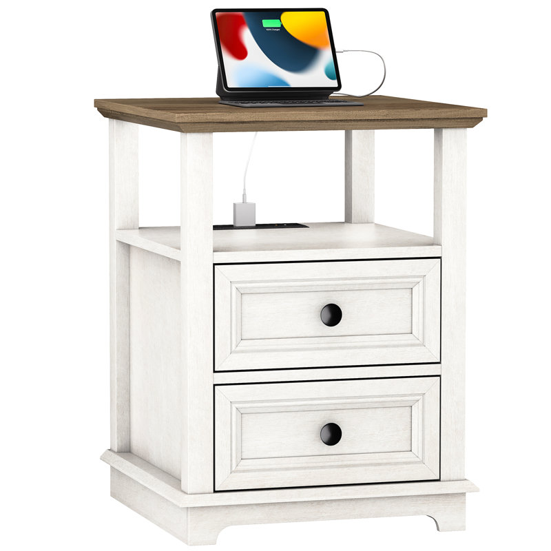 Deiren 2-Drawer Manufactured Wood Nightstands with Storage and Built-in Outlets, White/Brown