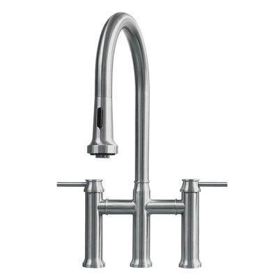 Whitehaus Collection Solid Stainless Steel Dual Lever Gooseneck Bridge Kitchen Faucet with Pull-down Spray Head