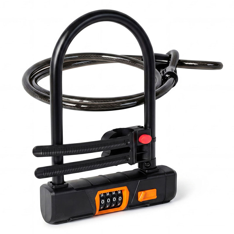 Bike Lock Combination D Lock with Cable 4 Digit Alloy Steel Black Orange