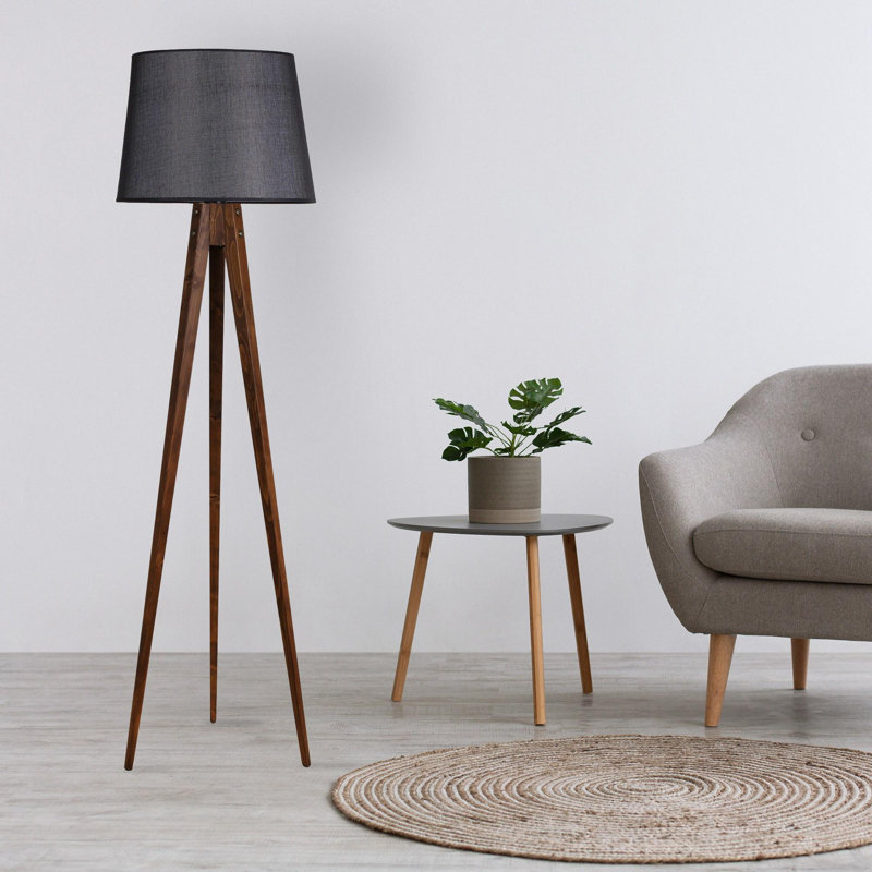 Luro Elegant Wooden Floor Lamp with Fabric Shade, Black & Walnut Finish, 63.0 inches Tall | E27 Socket, Max 60W, On/Off Switch on Cable | Perfect for Living Room, Bedroom, and Office Decor