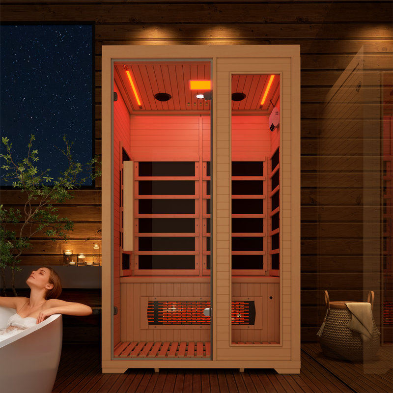 Sauna infrarouge pour 2 personnes avec chauffage à spectre complet - Sauna sec d'intérieur avec 5 panneaux de carbone, 1 tube de carbone, une barre d'oxygène et 7 bandes lumineuses de couleur, fabriqué à partir de pruche du Canada, 110 V
