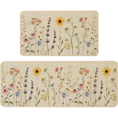Spring Floral Kitchen Mats - Multi - Set Of 2 Low-Profile Non-Slip Absorbent Rugs, Sunflower Daisy Vintage Farmhouse Decor