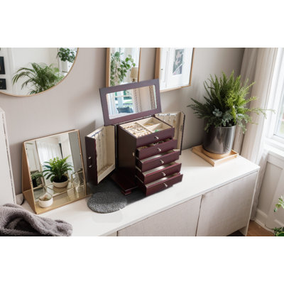 Boîte à bijoux avec miroir, 5 tiroirs et rangement pour collier latéral, coffre à bijoux de table