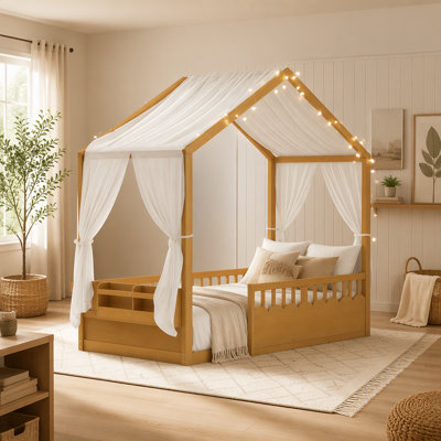 Lit Montessori au sol pour enfants (taille standard), cadre de lit cabane en bois avec barrières de sécurité et porte, guirlande lumineuse intégrée et tablette, lit bas, sans sommier, rose