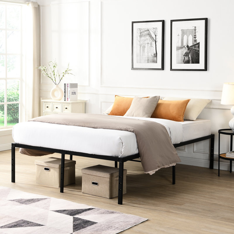 Black Heavy Duty Queen Size Metal Bed Frame, Simple Installation, Silent Operation, 1000 - Pound Capacity, Steel Slats For Mattress, Under Storage Area, Leg Holes Boards Frame In Black, Quick