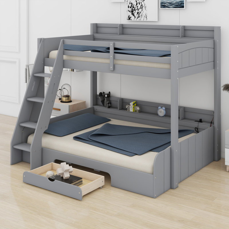 Bunk Bed With Storage Shelves, LED, Charging Station And A Drawer, Grey