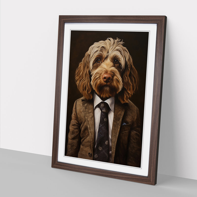 Cockapoo In A Suit Painting - Single Picture Frame Print on Wood, 64cm H x 46cm W x 2cm D, Walnut Framed