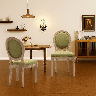 Vintage French Style Set of Two Linen Upholstered Dining Chairs with Solid Rubberwood Frame Legs