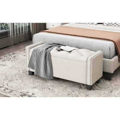 Upholstered Velvet Storage Ottoman Bench for Bedroom, End of Bed Bench with Rivet Design, Tufted Foot Rest Stool,Blue