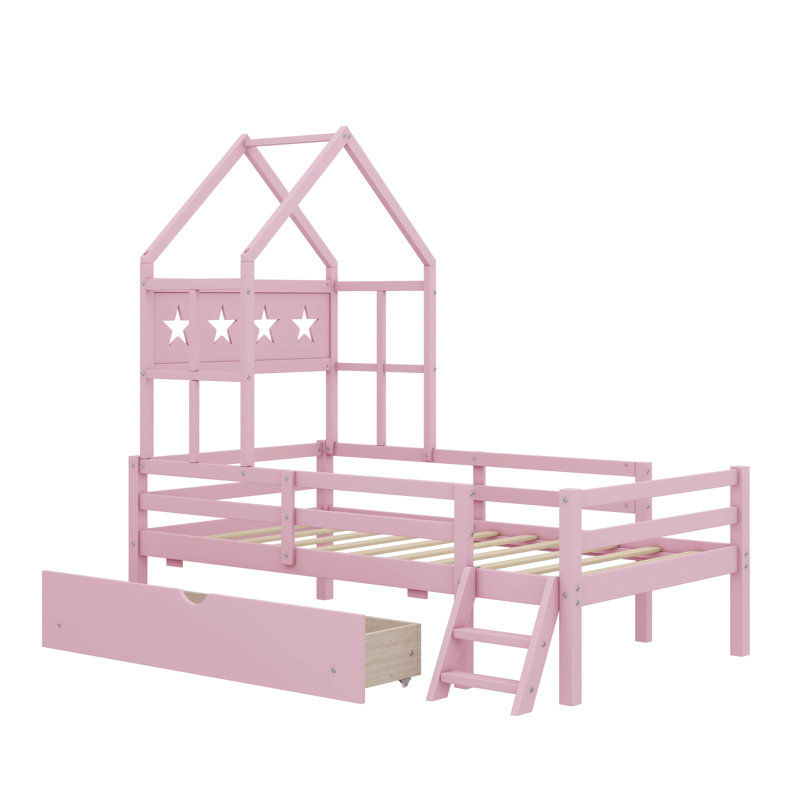Twin-Size Wooden Platform Bed With Safety Guardrails And Integrated Drawers, Pink
