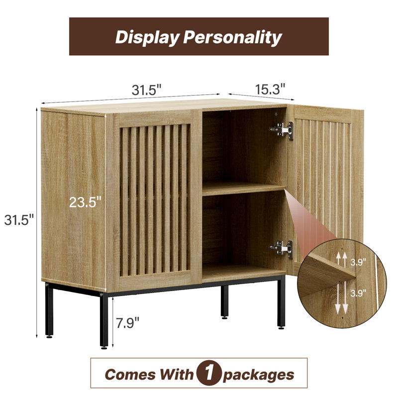 Storage Cabinet,31.5" Farmhouse Buffet Cabinet With Metal Base And Adjustable Shelf,Sideboard Coffee Bar Cabinet With 2 Doors For Kitchen,Dining Room,Living Room,Oak