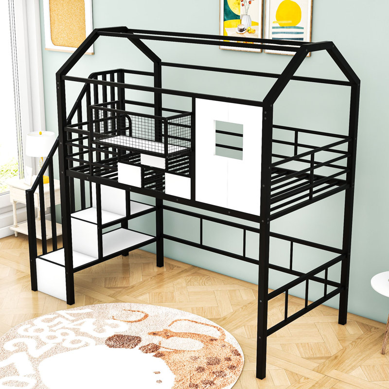 Twin Size Metal Loft Bed With Roof Design And Staircases, Black