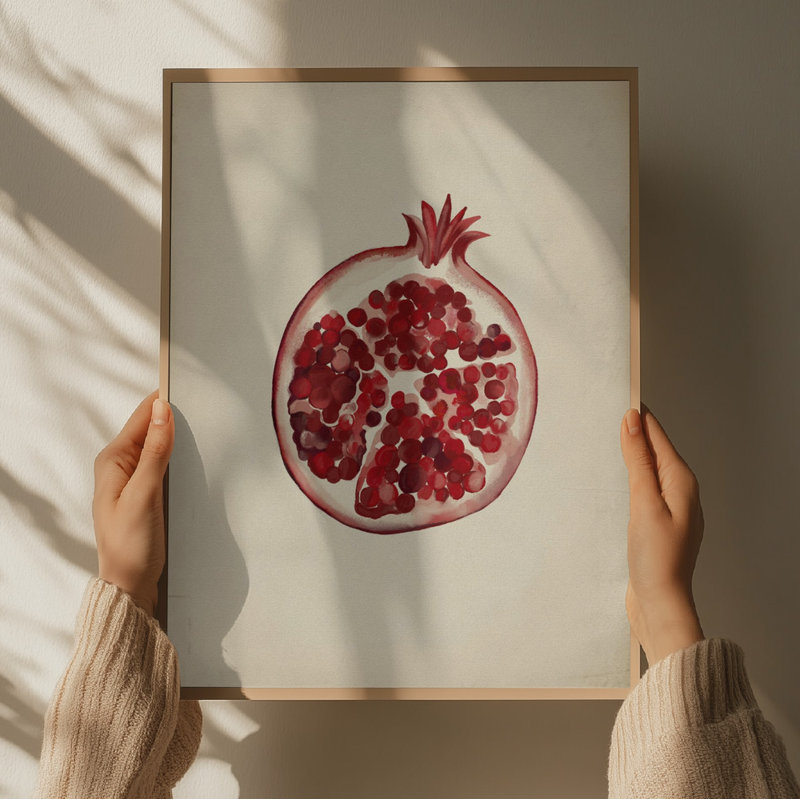Juicy Red Pomegranate by Josie George — Still Life Wall Art, 24 × 36, Framed Canvas, Tan