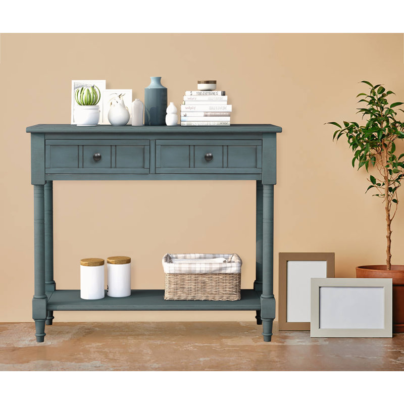 Floriean Rustic Vintage Farmhouse Style Console Table - 2 Drawers, Bottom Shelf, Navy
