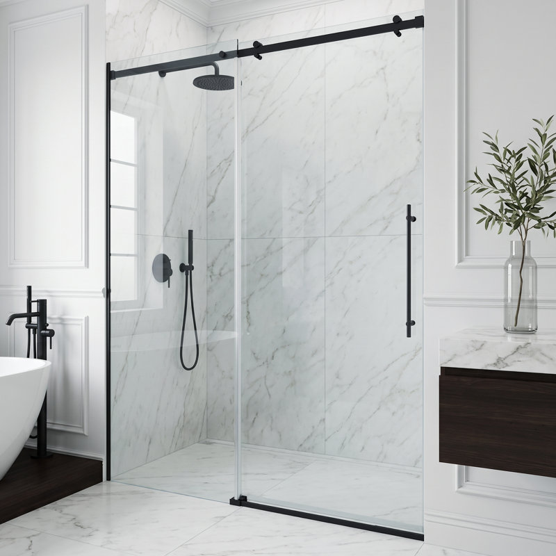 Luca 56-60" W x 79" H Sliding Frameless Shower Door with 3/8" Clear Glass, Matte Black