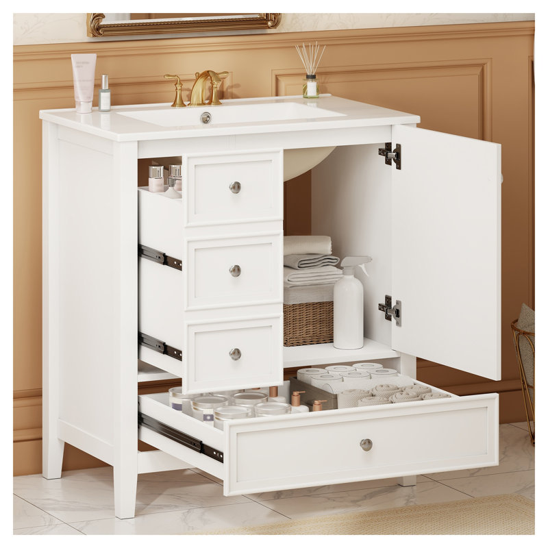 30-Inch White Bathroom Vanity with Sink, Cabinet, and Three Drawers, White