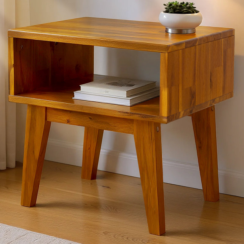 Acacia Jhasir Solid Wood Nightstand, Mid Century Modern Side Table Bedroom with Storage, Caramel
