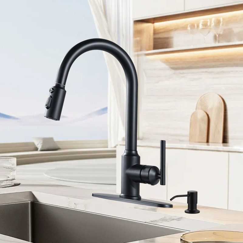 High Arc Single Handle Stainless Steel Kitchen Sink Faucet With Soap Dispenser Pull-Down Sprayer Faucet, 1 Or 3 Holes