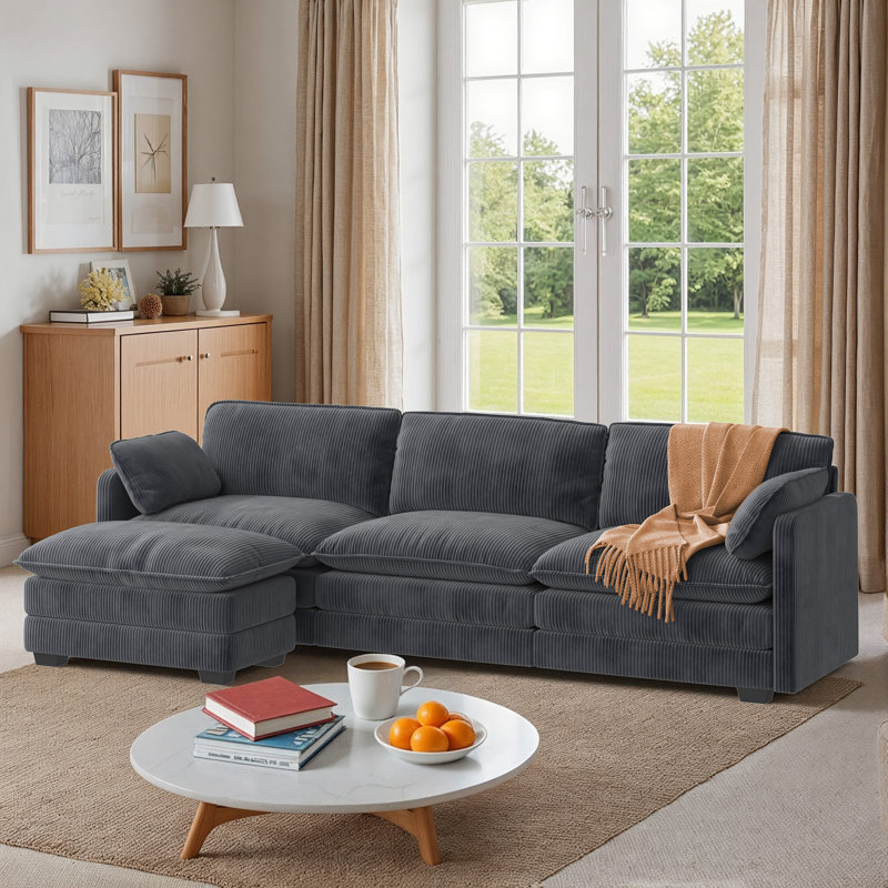 110.2" L Shaped Couch Modular Cloud  Sectional Sofa with Freely Combinable Ottomans,2 Pillows Lantern-Wick Corduroy Deep Seat Sofa Bed for Modern Living Room