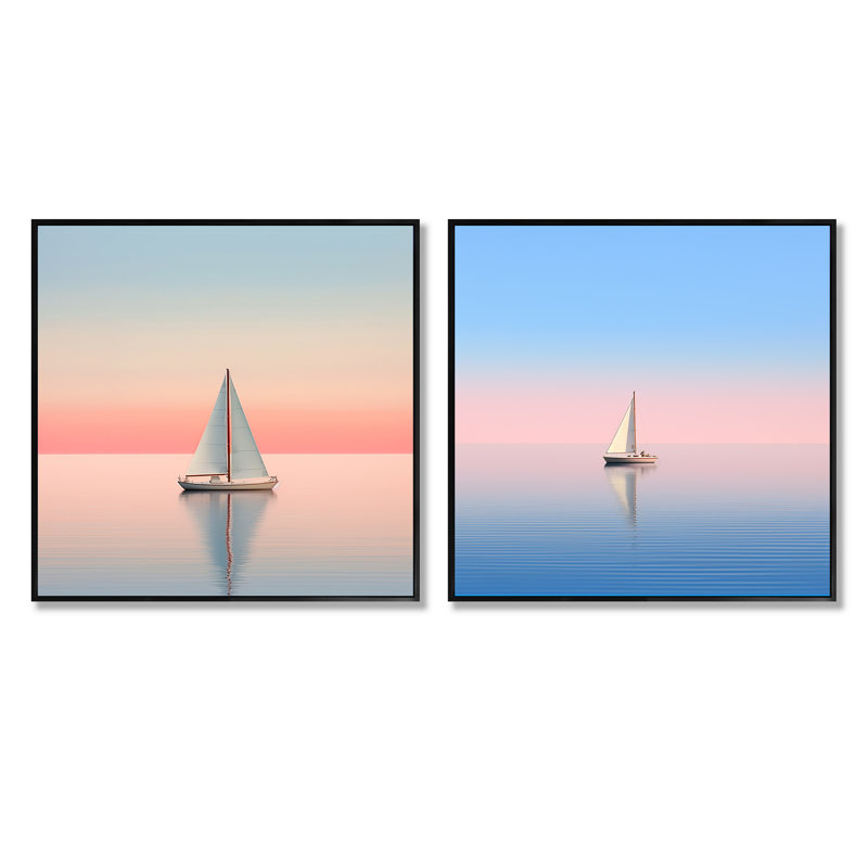 «Blue and Pink Sailling Boat Calm Horizon», ensemble de 2 collages carrés, Cadre flottant noir, H 30 po x l 61 po