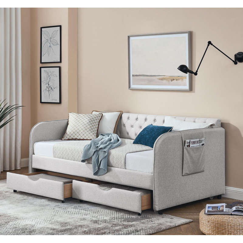 Twin - Size Upholstered Extendable Daybed with Trundle & 2 Drawers - Flat - Arm - Pocket Design, for Bedroom/Living Room