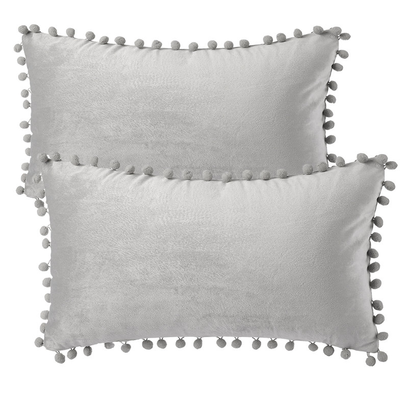 Coussin Silky Velvet Series Pom-poms, Gris, Housse de coussin et insert, Rectangle H 12 po x l 20 po