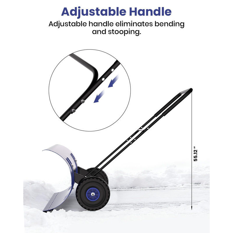 Pelle à neige robuste avec roues - Lame galvanisée réglable - Conception ergonomique à poussoir pour économiser le dos - Lame inclinée à 5 positions et roues en caoutchouc - Déneigement efficace pour l'allée, le trottoir et la porte