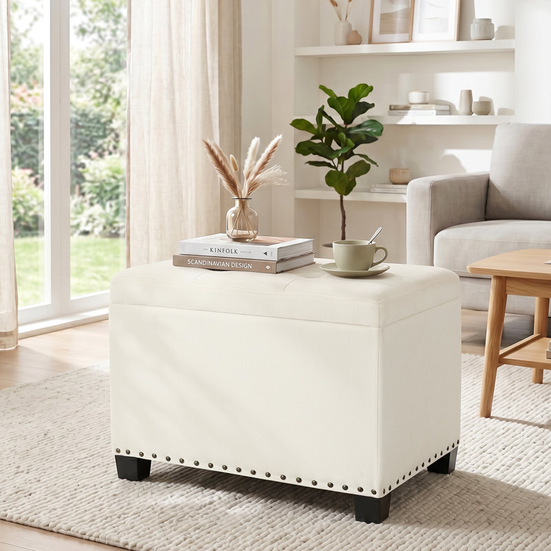 22" Upholstered Storage Ottoman With Reversible Tray Top, Beige  Cotton Blend
