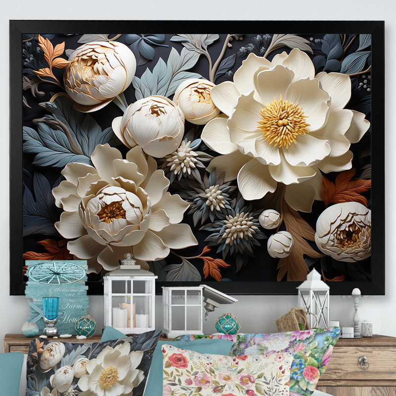 Beige Whispers Of Pivoines II, Cadre photo noir simple, H 12 po x l 20 po x P 1 po