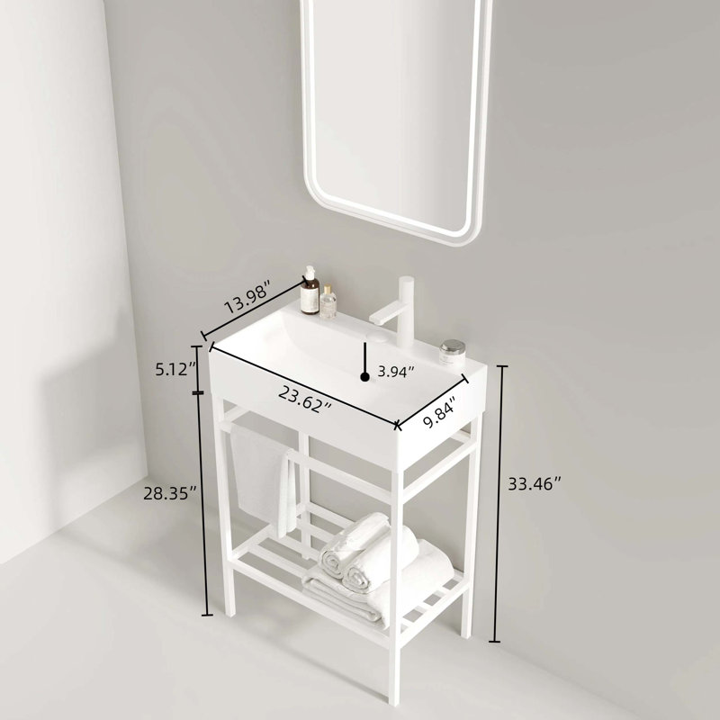 Meuble-lavabo 24 po avec lavabo en céramique, ensemble de lavabo console sur pied, lavabo rectangulaire en céramique brillant sans robinet, pieds en métal ouverts, tablettes de rangement