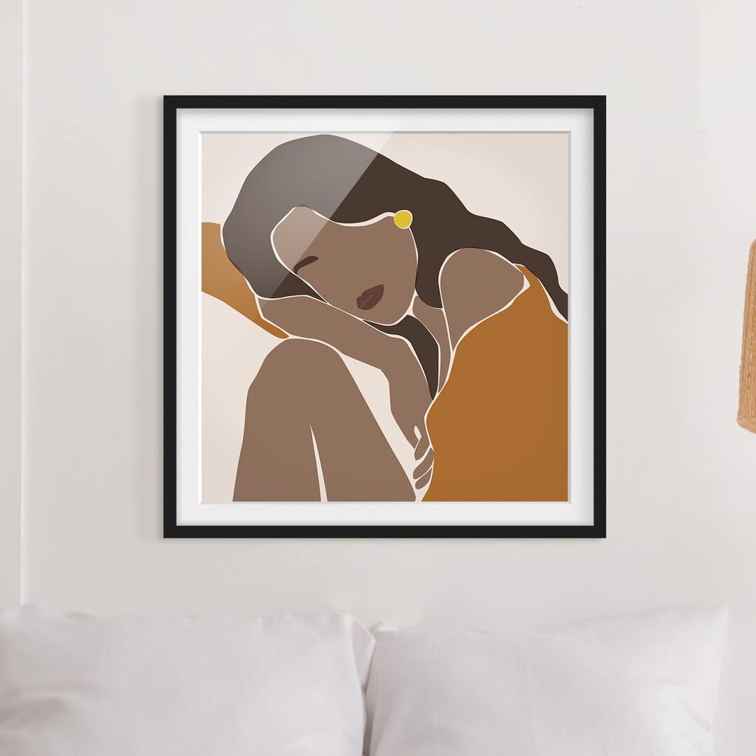 Gerahmtes Poster Line Art Woman Brown Beige