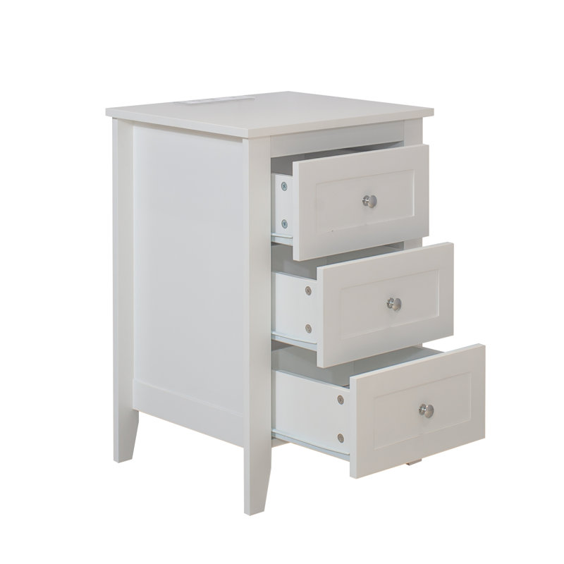 Table de chevet 3 tiroirs pour chambre à coucher - Design blanc eau avec station de charge