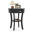 Table de bout ronde à 2 niveaux en bois avec tiroir ouvert-599770661