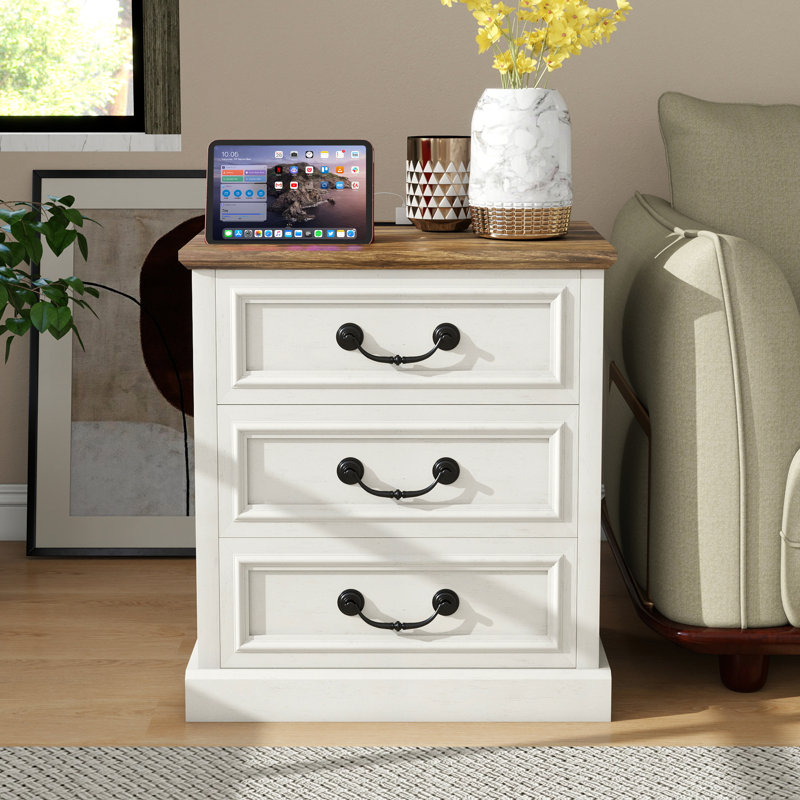 End Table With Charging Station, Farmhouse Nightstand With 3 Drawers & USB Ports, Solid Wood Entryway Table With Smiling Handle