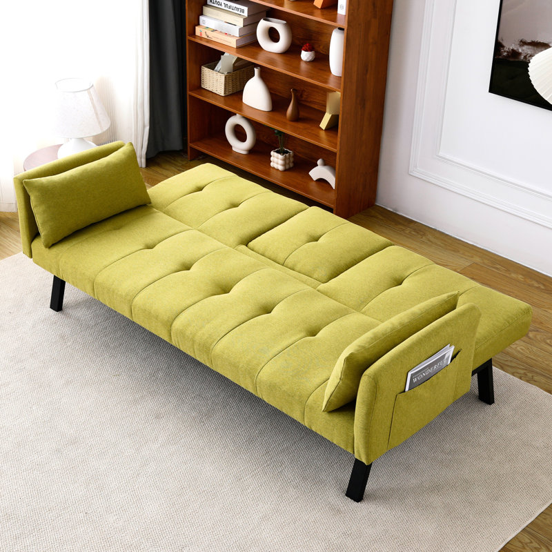 Lit pliable avec porte-gobelet central et sac de rangement avec accoudoirs, 70 po, matériau en lin de coton, convient aux petits espaces, lit multifonctionnel jaune beige gris foncé, se transforme en balcon