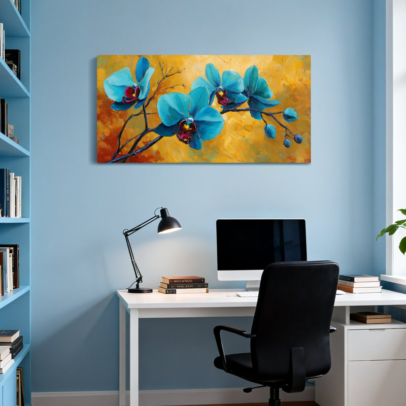Plantes et fleurs d'orchidées bleues sur fond chaud, H 20 po x l 40 po