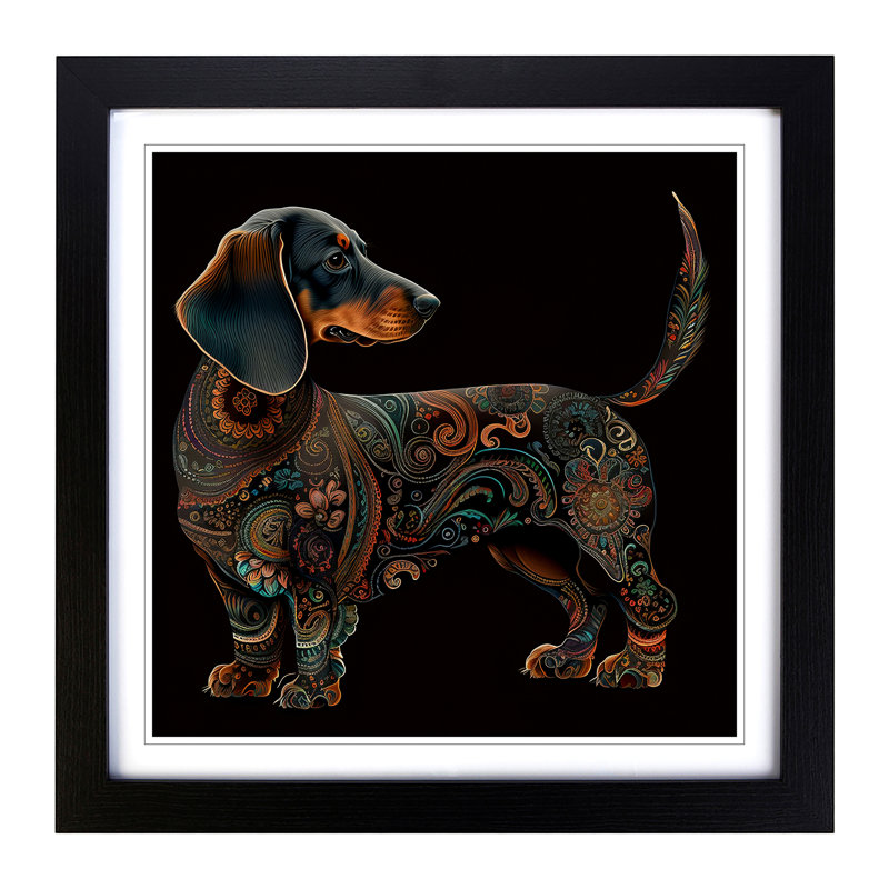 Dachshund Paisley Art - Single Picture Frame Print on Wood, Black