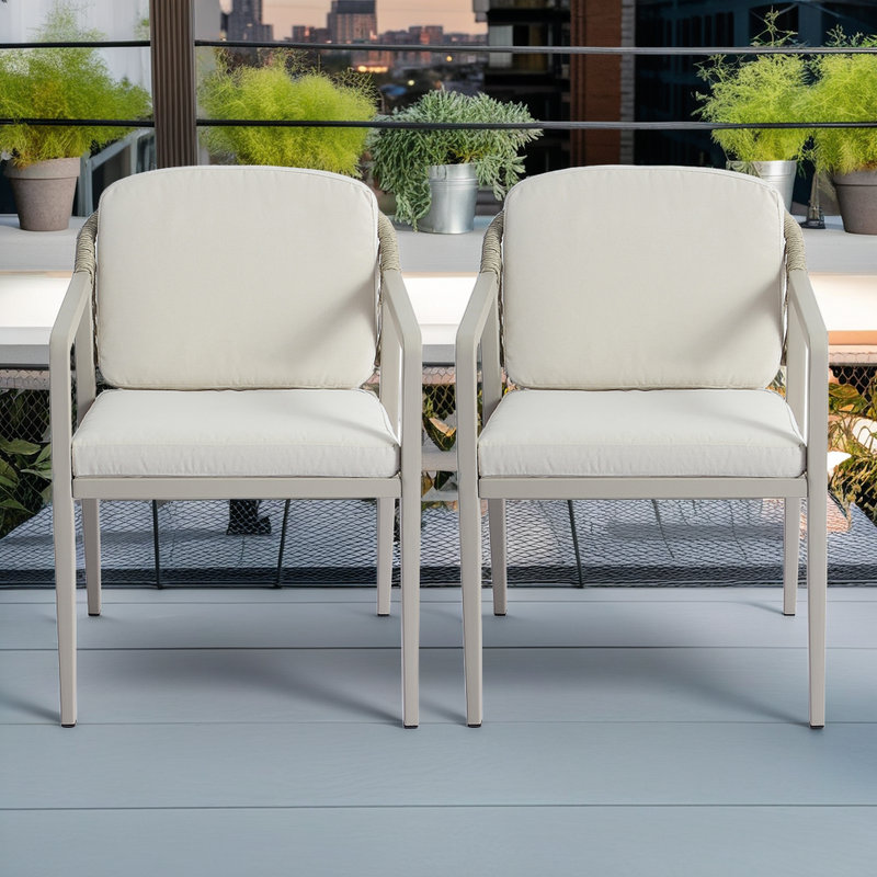 Ensemble de 2 chaises de salle à manger d'extérieur, chaises de patio en osier PE avec structure en fer, Beige