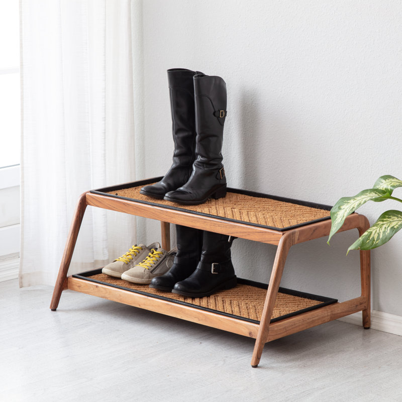 Support à bottes en bois massif de qualité supérieure avec tapis en fibre de coco naturelle - Rangement pour chaussures
